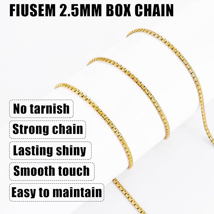 Fiusem Flat Box Chains for Men, 14k Gold Plated Stainless Steel Chain Necklace, 2.5/3/4/4.5/5mm Necklaces for Men and Women 16-28 Inch