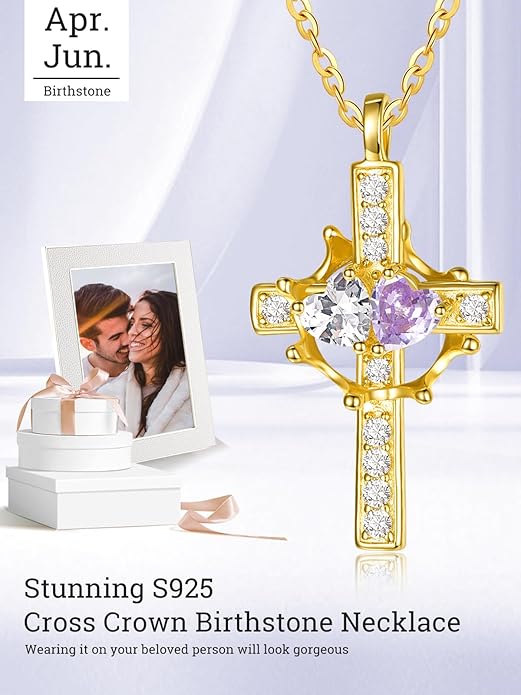 Zeuslia Double Birthstone Necklace Gifts for Wife - 925 Sterling Silver Sunflower/Rose/Crown Cross/Compass/Heart Pendant I Love You Necklace, Anniversary Birthday Gifts for Wife Girlfriend Mom Her