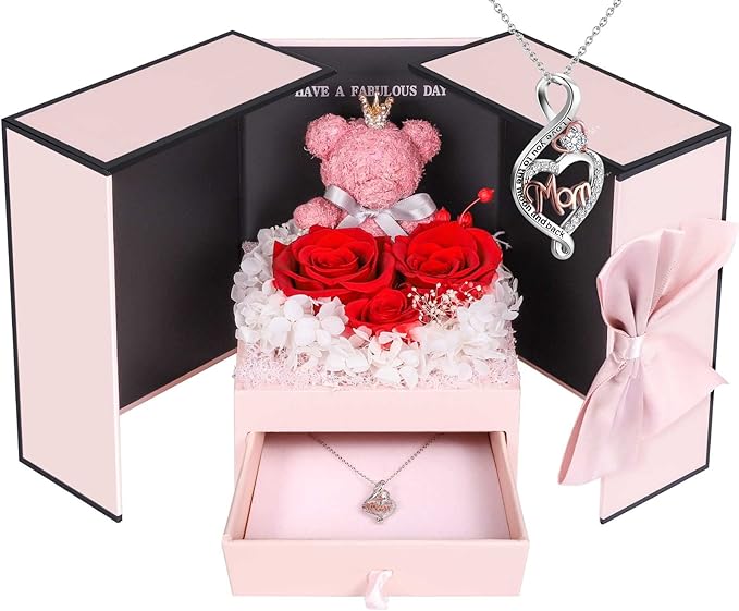 ADDWel Gifts for Mom from Daughter and Son, Unique Mom Birthday Gift Idea, Preserved Real Roses with Sterling Silver Mom Necklace, Cool Present to Mother Mama