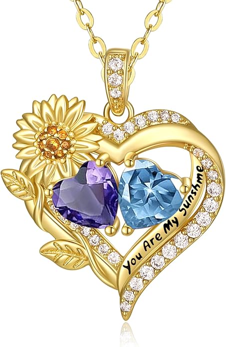 Sunflower Heart Necklace for Women 14K Gold Exquisite Anniversary Birthday Gifts for Wife Mother Her Double Birthstone Pendant jewelry‘You Are My Sunshine’