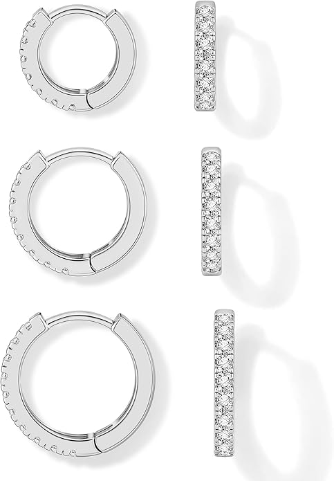micuco 3 Pairs Small Hoop Earrings Tiny Cartilage Earrings for Women Cubic Zirconia Earrings Huggie Hoop Ear Piercing Earrings for Men 8mm 10mm 12mm