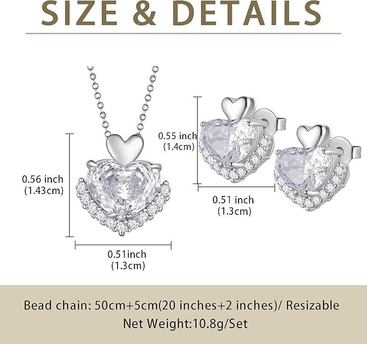 Ydou Love Heart Necklaces and Earrings with Rose Cut Birthstone Silver Plated Elegant Jewelry Set for Women CS0002