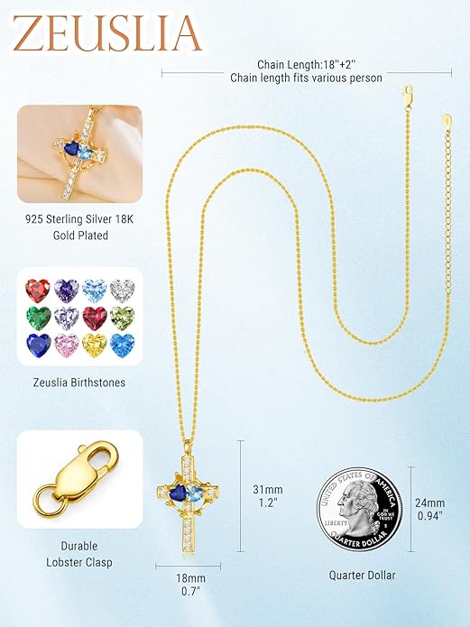 Zeuslia Double Birthstone Necklace Gifts for Wife - 925 Sterling Silver Sunflower/Rose/Crown Cross/Compass/Heart Pendant I Love You Necklace, Anniversary Birthday Gifts for Wife Girlfriend Mom Her