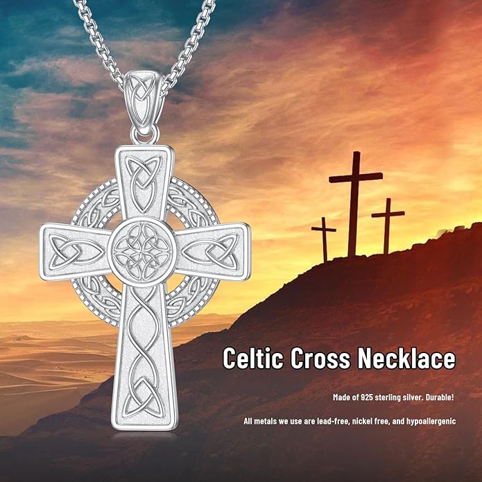 Midir&Etain Celtic Cross Necklace 925 Sterling Silver Cross Pendant Necklace Celtic Viking Irish Jewelry Religious Protective Gift for Men Women