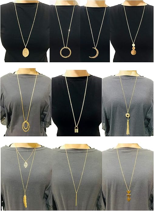 10Pcs Long Pendant Necklace Simple Moon Bar Three Triangle Tassel Lock Sweater Y Shape Punk Chain Choker Necklace for Women Men Gold Silver Plated