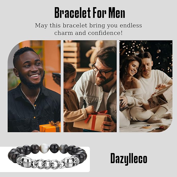 3pc Mens Beaded Bracelets Silver Stainless Steel Chain Bracelet for Men Handmade Braided Bracelet Sets Jewelry Gifts for Men