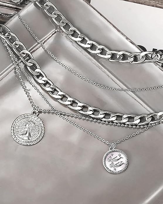 MJartoria Layered Necklaces for Women Trendy Retro Coin Pendant Necklace Dainty Chunky Chain Choker Necklaces for Jewelry Birthday Gifts