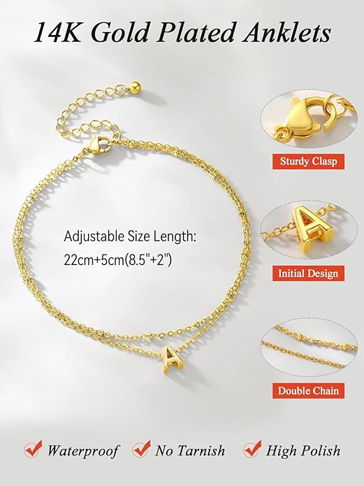 FaithHeart Initial Ankle Bracelets for Women, Waterproof 14k Gold Plated Initial Anklets Non Tarnish Stainless Steel Layered Anklet Summer Beach Foot Jewelry