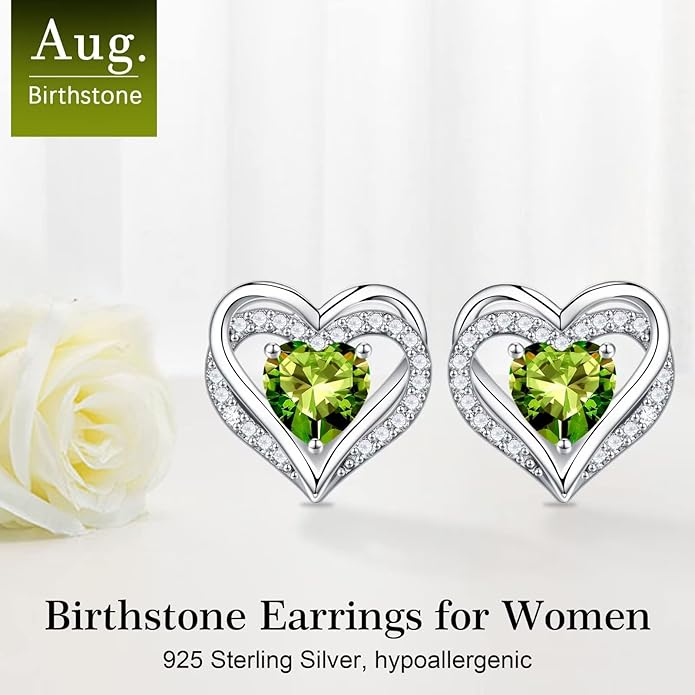 Iefil Birthstone Earrings for Women, 925 Sterling Silver Heart Stud Earrings Birthday Gifts for Women