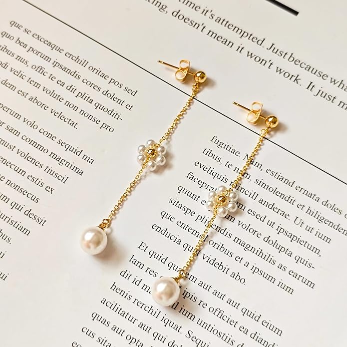 Zeffy Pearl Earrings for Women 14k Gold/Silver Pearl Drop Earrings Long White Pearl Tassel Dangle Statement Earrings Bridal Wedding Dainty Prom Earrings Birthday Gifts Jewelry