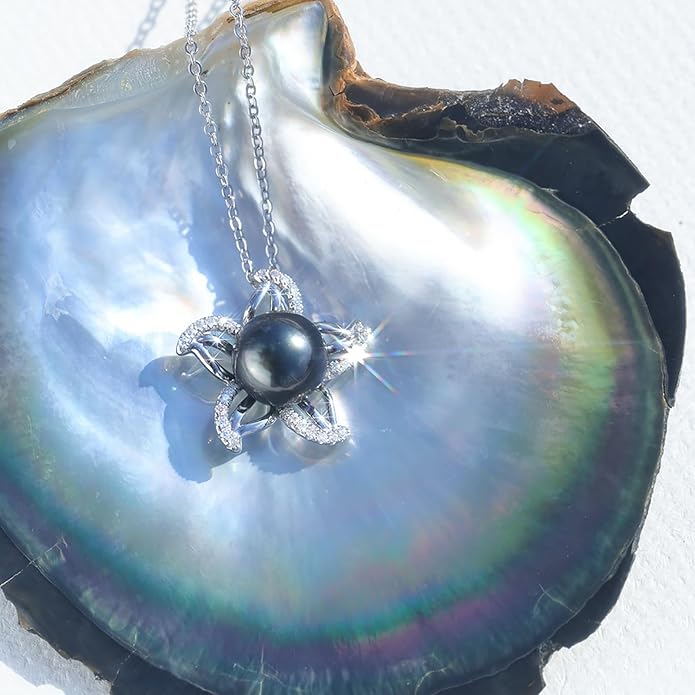 Genuine Tahitian Black Pearl Necklace for Women, 9-11mm AAAA Seawater Pearl with Sterling Silver Moissanite Pendant, Jewelry Gift for Wife, Mom, Girlfriend, Wedding Anniversary, Birthday, Christmas