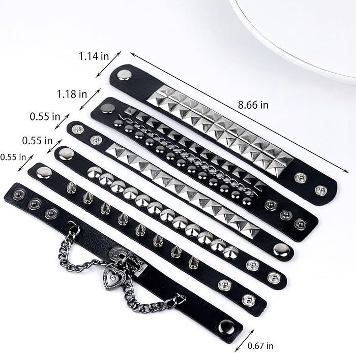 LAPOHI 6 PCS Leather Bracelets for Men Women Punk Goth Rock Spiked 80s Stuff Cool Metal Studded Accessories Black Cuff Wristband for Party Cosplay Night Club Sexy Gift Halloween