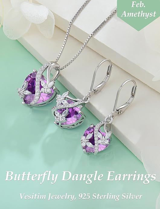 925 Sterling Silver Butterfly Earrings Necklace Created Amethyst Heart Jewelry Set