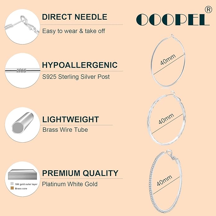 925 Sterling Silver Earrings Large Rhinestone Hoop Earrings Big Cubic Zirconia Hoop Earrings Thin Rhinestones Round Hoop Earrings for Women 20/30/40/50/60/70mm Sparkly Hoops With Crystals for Womens