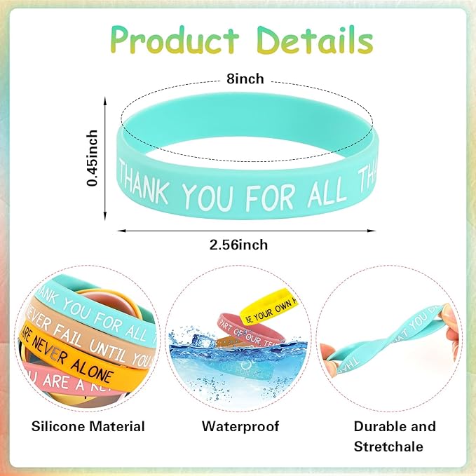 JUNEBRUSHS 64pcs Motivational Silicone Bracelets Bulk Colored Inspirational Rubber Wristbands Unisex for Student Teacher Office Prizes Gifts Back to School Party Favor Supplies (16 Designs)