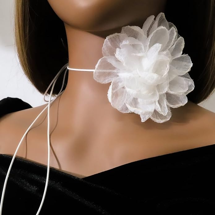 Black Choker Camellia Flower Lace-up Necklace For Women