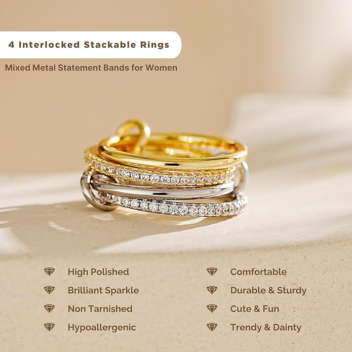 NOKMIT 14K Gold Plated 4 Interlocking Stackable Rings Set with CZ Cubic Zirconia Gold & Silver Mixed Metals Multi-Link Connected Statement Bands for Women Hypoallergenic Non Tarnish Jewelry Gifts