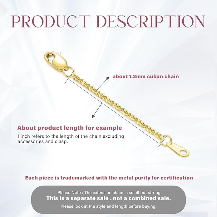 14k Gold Necklace & Bracelet Extender Chain, 1"/1.5"/2"/3"/4"/5" Durable Removable Gold Extension Chain
