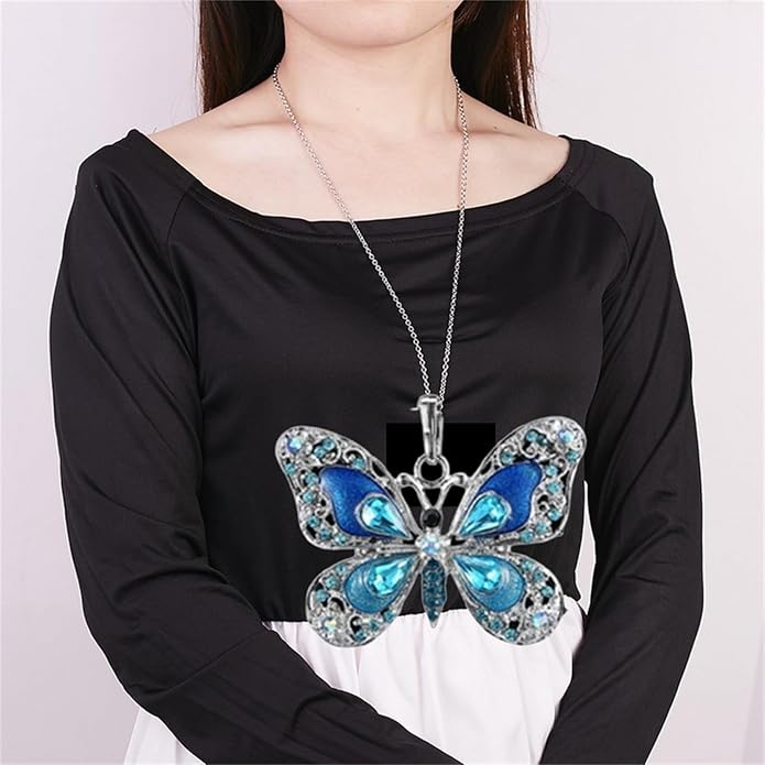 Vintage Multicolor Butterfly Necklace Bohemian Multicolor Enamel Butterfly Necklace Rhinestone Butterfly Pendant Necklace Chain Enamel Ethnic Costume Jewelry for Women