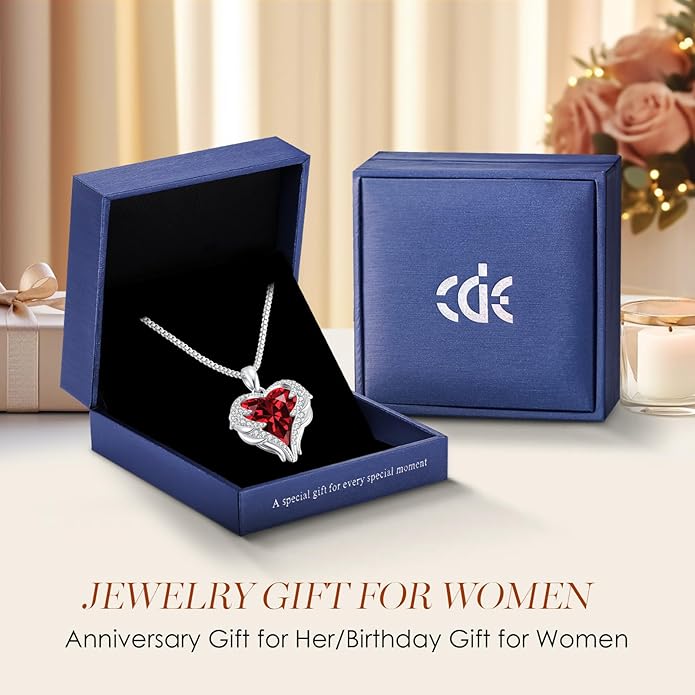 CDE Angel Wings Necklace for Women with Birthstone, Love Heart Silver Tone/Gold Tone Pendant, Ideal Anniversary or Birthday Jewelry Gifts for Wife Girlfriend Her