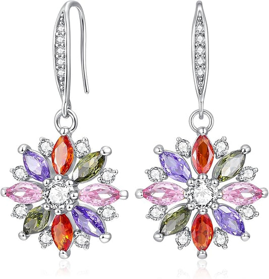 VONSSY Colorful Snowflake Pendant Necklace Earrings Rose Gold 5A Cubic Zirconia | Crystal Sweater Chain | Multi Gemstone Garnet Amethyst Morganite Peridot Prom Rhinestone Necklaces for Women Vintage Stylish Gift