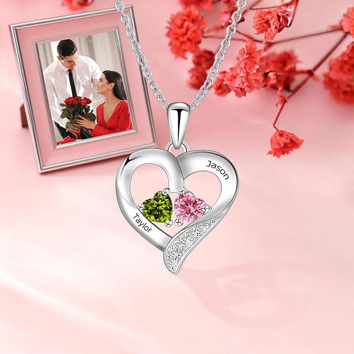 JOBFLY S925 Sterling Silver Customized 2 Birthstone Heart Necklace with 2 Name Engraved Personalized Mother Daughter Necklace Couple Jewelry Christmas Birthday Gift