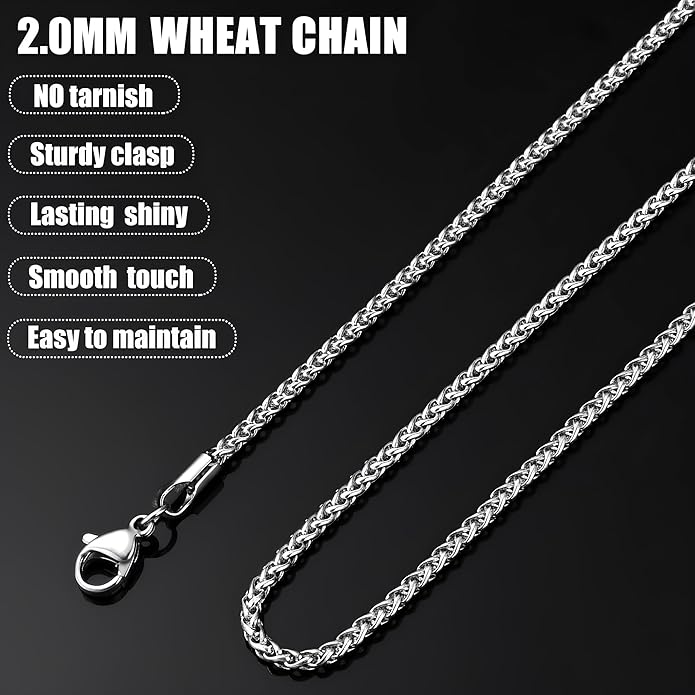 Fiusem Wheat Chains for Men and Women, 2/2.5/3/4/5mm Silver Tone/14K Gold Plated/Black Necklace Chain, Stainless Steel Mens Necklace 16-28 Inch