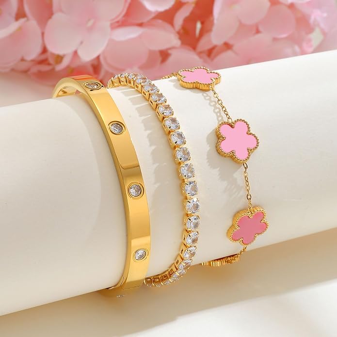 Womens Stackable Floral Gold Bracelets - 3Pcs 18K Gold Plated Bracelet,Stainless Steel Bangle Bracelets Non Tarnish, Gold Bracelet Set Trendy Jewelry,Christmas Valentines Birthday Gifts for Girlfriend