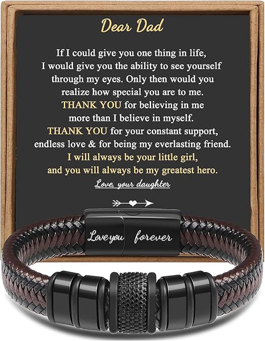 𝐆𝐢𝐟𝐭 𝐟𝐨𝐫 𝐌𝐞𝐧 Braided 𝐋𝐞𝐚𝐭𝐡𝐞𝐫 𝐁𝐫𝐚𝐜𝐞𝐥𝐞𝐭 for Men Dad Husband Boyfriend Son Grandson Brother Stainless Steel Clasp Engraved with Love You Forever Jewelry Birthday Gift 7.5 8.5 9 Inch