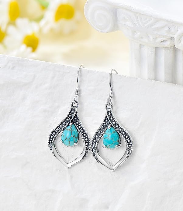 Vintage Genuine Gemstone Earrings for Women Dangling 925 Sterling Silver Western Native American Style Jewelry for Wife Mother