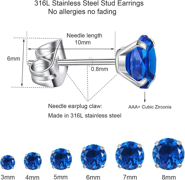 6 Pairs Stud Earrings Set, Hypoallergenic Cubic Zirconia Earrings 316L Stainless Steel CZ Earrings 3-8mm