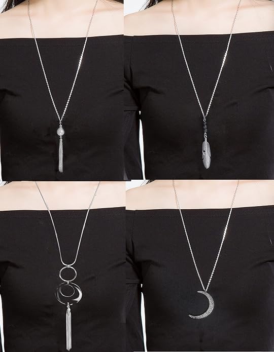 10Pcs Long Pendant Necklace Simple Moon Bar Three Triangle Tassel Lock Sweater Y Shape Punk Chain Choker Necklace for Women Men Gold Silver Plated