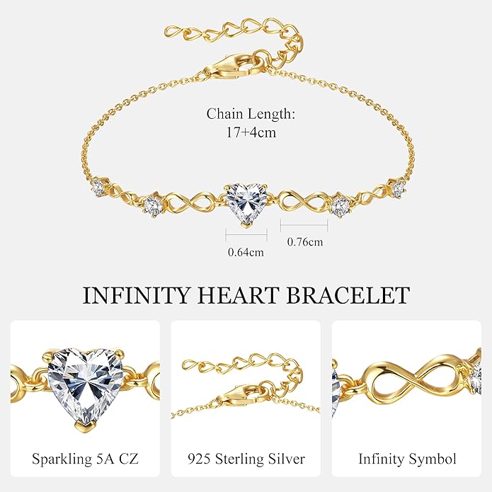 G&GEMSJEW Infinity Heart Birthstone Bracelets for Women, 925 Sterling Silver Women Charm Link Bracelet Adjustable, Birthday Anniversary Christmas Jewelry Gifts for Women Wife Mom Girlfriend Her