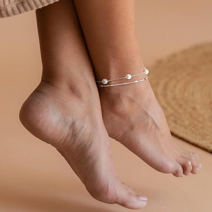 Sterling Silver Anklet Bracelets for Women Waterproof, 925 Sliver Plated CZ & Heart Charm Dainty Layer Anklets for Women Trendy, Simple Chain Anklets Set Gifts for Women, Jewelry Gifts for Her Women Mom Wife Girlfriend