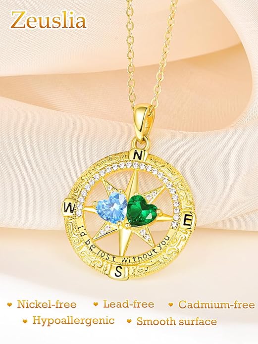 Zeuslia Double Birthstone Necklace Gifts for Wife - 925 Sterling Silver Sunflower/Rose/Crown Cross/Compass/Heart Pendant I Love You Necklace, Anniversary Birthday Gifts for Wife Girlfriend Mom Her