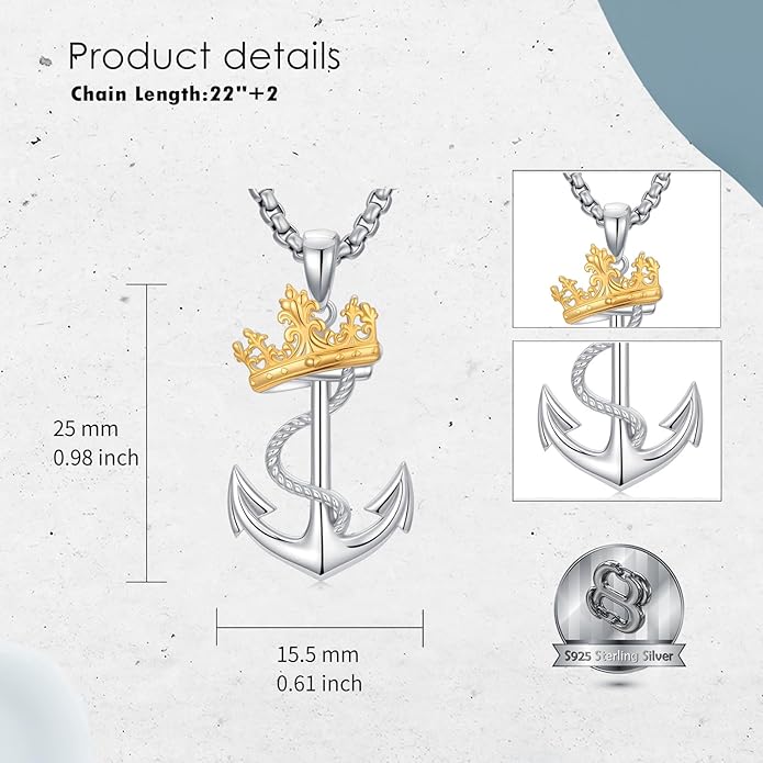 MEIDERBO Anchor Necklace for Men Women 925 Sterling Silver Earth/Swordfish/Trident/Compass Pendant Nautical Jewelry for Birthday Christmas