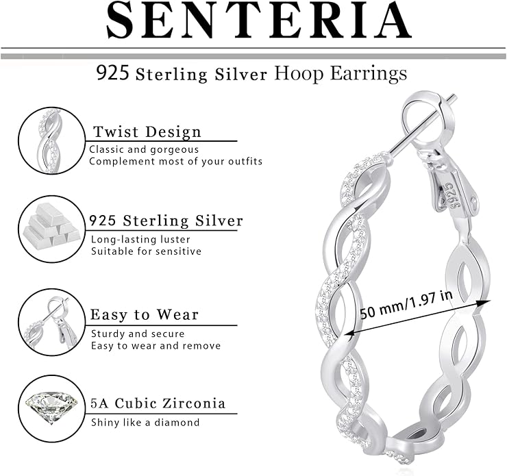 Senteria 925 Sterling Silver Earrings Hoops for Women Lightweight Twisted Hoop Earrings With Cubic Zirconia Hypoallergenic Hoops Earrings (20/30/40/50/60MM)