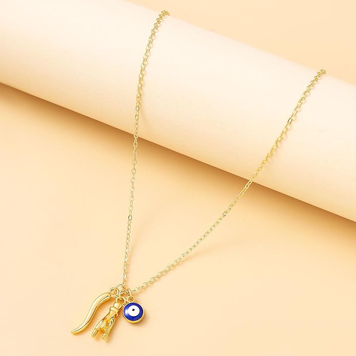 Dainty Blue Evil Eye Charm Horn Pendant Necklace for Women's Spiritual Protection Jewelry 14K Gold Plated