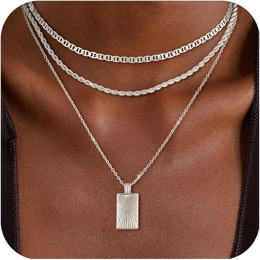 Layered Gold Silver Necklace for Women Non Tarnish,Dainty Choker Statement Chunky Necklace Stack Charm Pendant Chain Necklace Set 14K Gold Plated Long Stacked Womens Necklaces Trendy Jewelry Gift