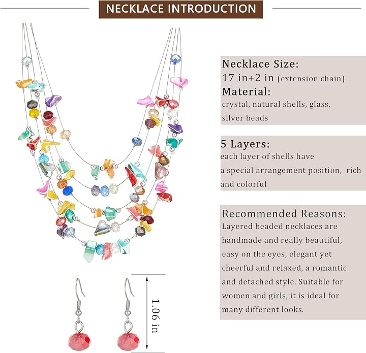 Multi-Layer Boho Shell Beaded Necklace for Women Colorful Crystal Strand with Silver Beads Statement Collars Necklace and Earrings Costumes Jewelry Sets for Women