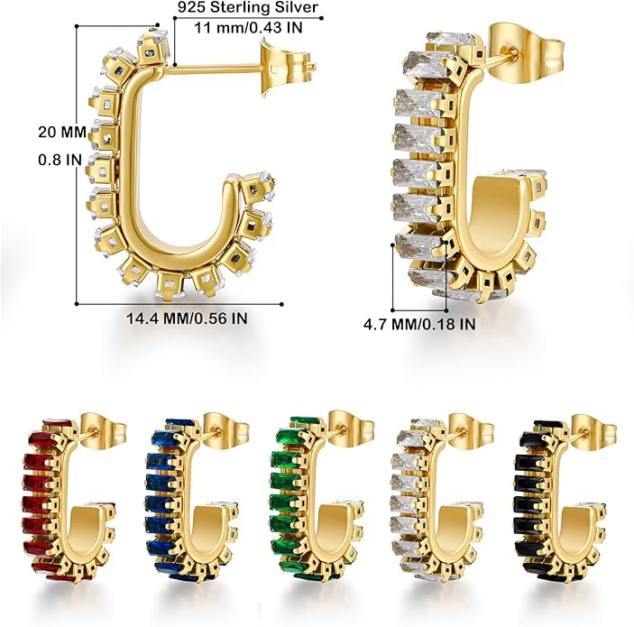 Green Crystal huggie gold hoop earrings for women Girls,14K Gold Plated with 925 Sterling Silver Post color Cubic Zirconia dainty cute Earrings| CZ Stud Earring