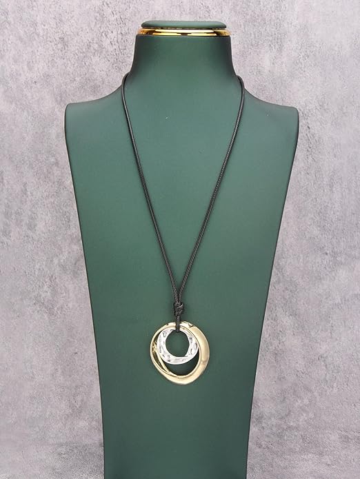 Long Boho Necklaces for Women Vintage Leather Wooden Pendant Y Choker Ethnic Style Gold Circle Hippie Sweater Necklace