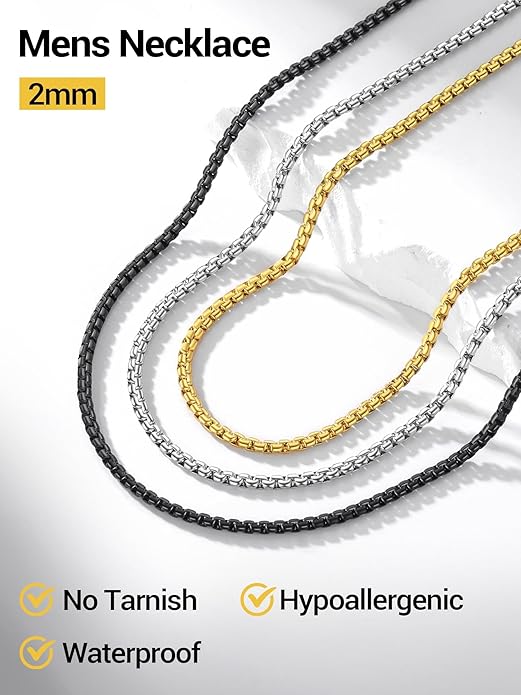PROSTEEL Stylish Stainless Steel Round Link Chain Necklace for Men, 2mm/4mm/6mm/8mm. Silver/Gold/Black Tone, Hypoallergenic Jewelry, 14"-30", Come with Box