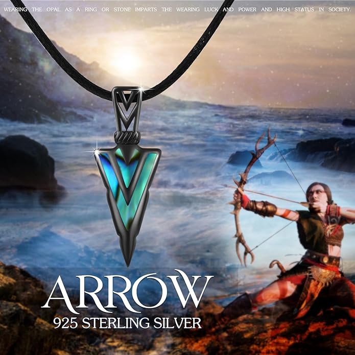 PCTJYFU Arrowhead Necklace 925 Sterling Silver for Women Men Pendant with Blue Opal/Abalone Shell/Turquoise Black Gold Plating Protective Symbol Jewelry Adjustable Chain Gift for Him Her