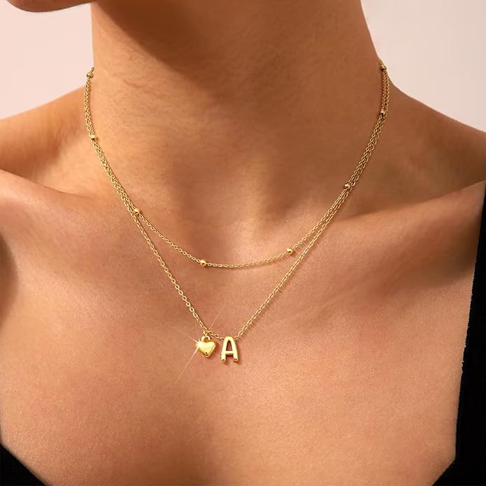 adoyi Gold Necklace for Women Layered Bubble Heart Letter Initial Necklaces for Women Trendy Jewelry 14K Gold Plated Chain Chunky Name Necklace Stack Charm A-Z Pendant Set Jewelry Gifts
