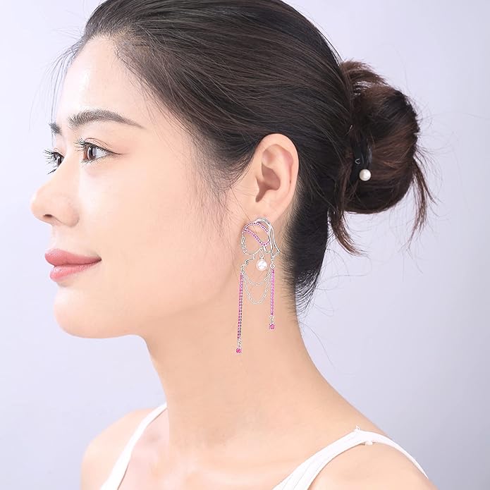 Unique Abstract Face Art | Dangle Statement Long Earrings for Women | Rhinestone Tassel Handmade Chandelier Earrings
