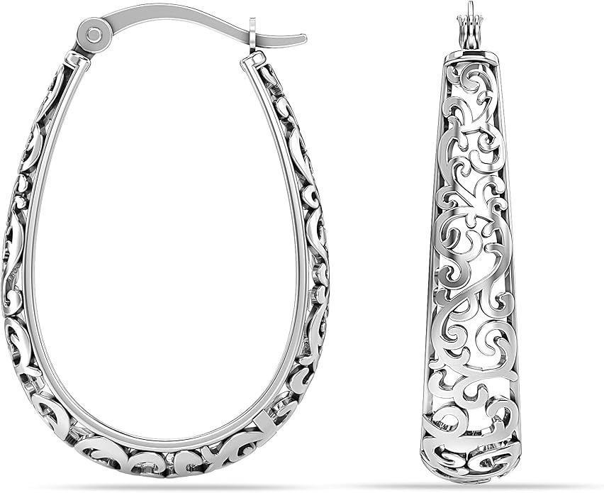 LeCalla 925 Sterling Silver Hoop Earrings for Women | Women's Filigree Hoop Earrings | Antique Oxidized Openwork Mesh Filigree Cut Earring Chunky Hoops | Hypoallergenic Vintage Filigree Oval Hoop Earrings for Women