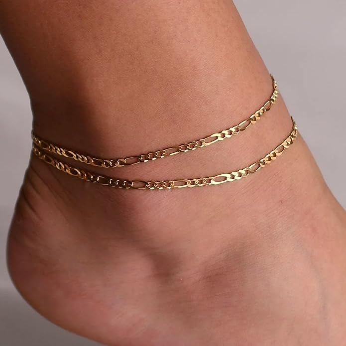 Pencros Dainty Layered Anklet,14K Gold Filled Cute Beads Satellite Chain Heart Boho Adjustable Anklets for Women