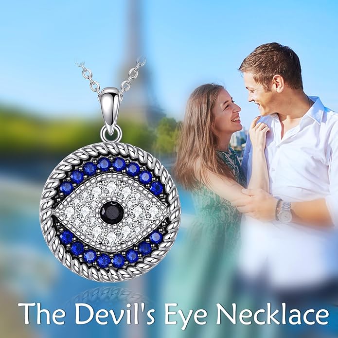 YFN Evil Eye Pendant Necklace for Women 925 Sterling Silver Greek Protection Jewelry with Blue Sapphire and Black Cz Amulet Gift