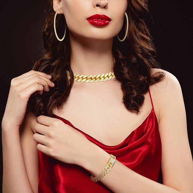 Batiyeer 3 Pcs Cuban Link Chain Necklace Bracelet Rhinestone Hoop Earrings Bling Crystal Hip Hop Jewelry for Women(16 Inch,Gold)